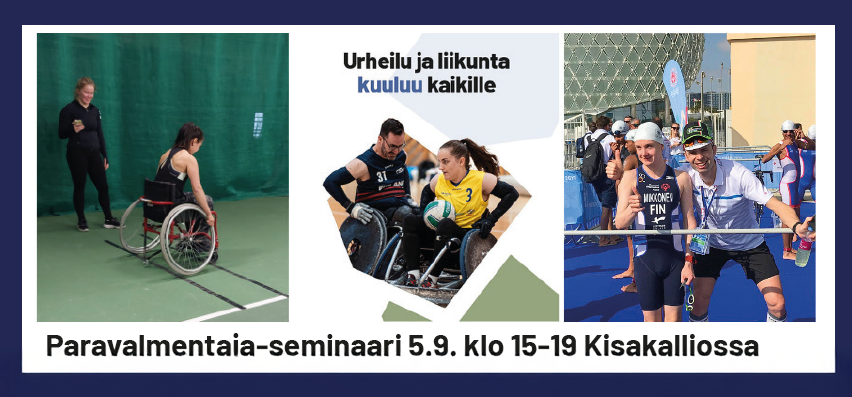 Paravalmentaja ohjaa pyörätuolilla liikkuvaa naista liikuntahallissa, pyörätuolirugbyn pelaajia ja paratriathlonisti valmentajansa kanssa. "Urheilu kuuluu kaikille. Paravalmentaja-seminaari 5.9.2025"