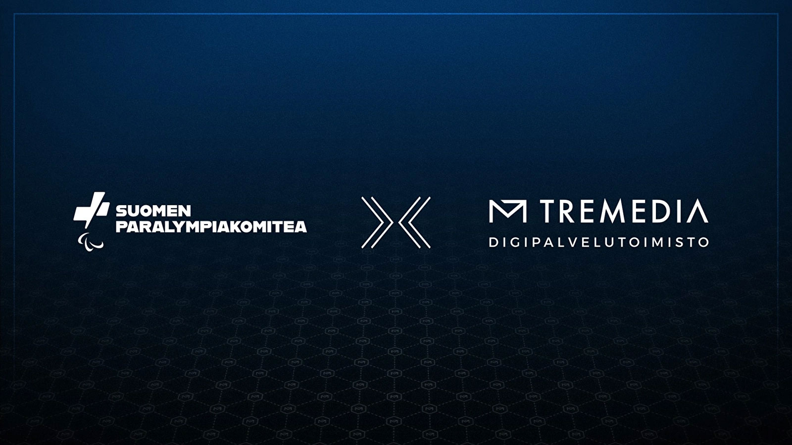 Tremedian visuaalisella ilmeellä tehty tummansininen bannerikuva, jossa valkoinen Suomen Paralympiakomitean logo x valkoinen Tremedian logo.