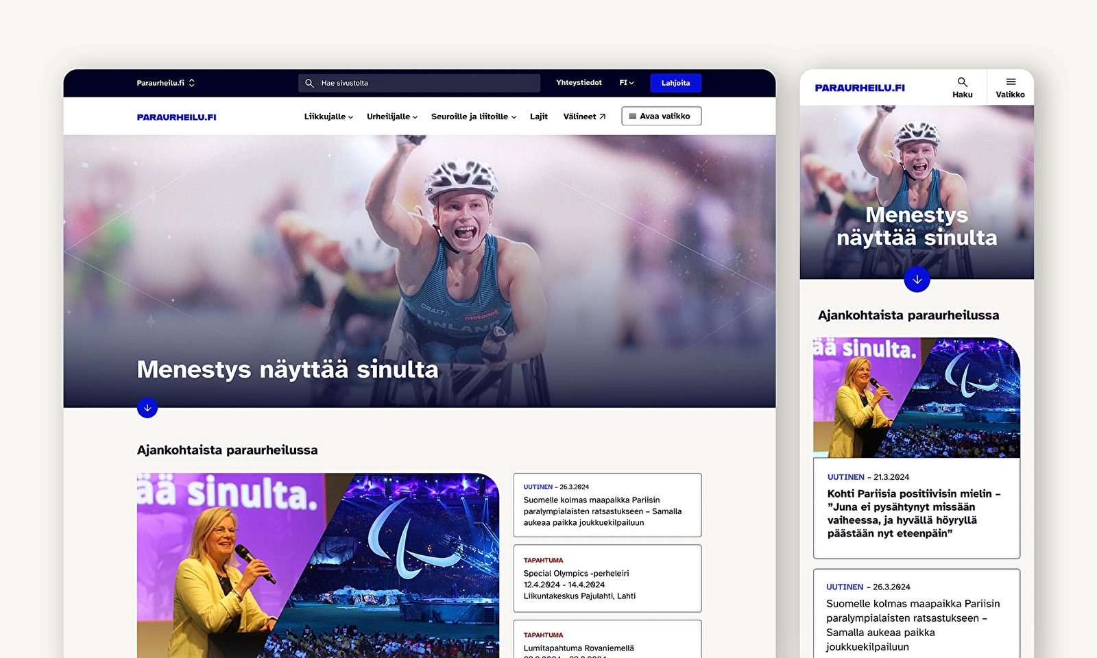 Referenssikuva paraurheilu.fi sivuston etusivusta.