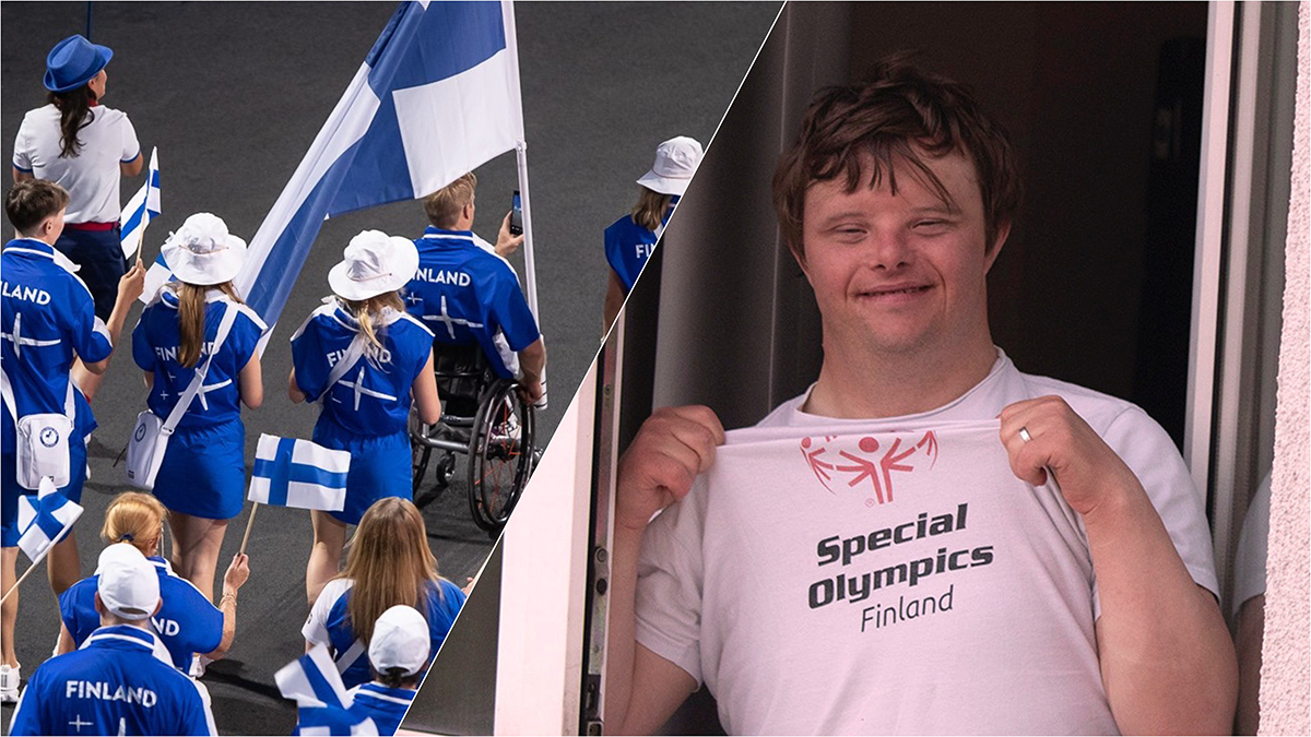 Suomen paralympiajoukkue avajaiskulkuessa, takaa kuvattuna. Vierellä kuva hymyilevästä down-urheilijasta, joka näyttää paidastaan Special Olympics Finland -logoa.